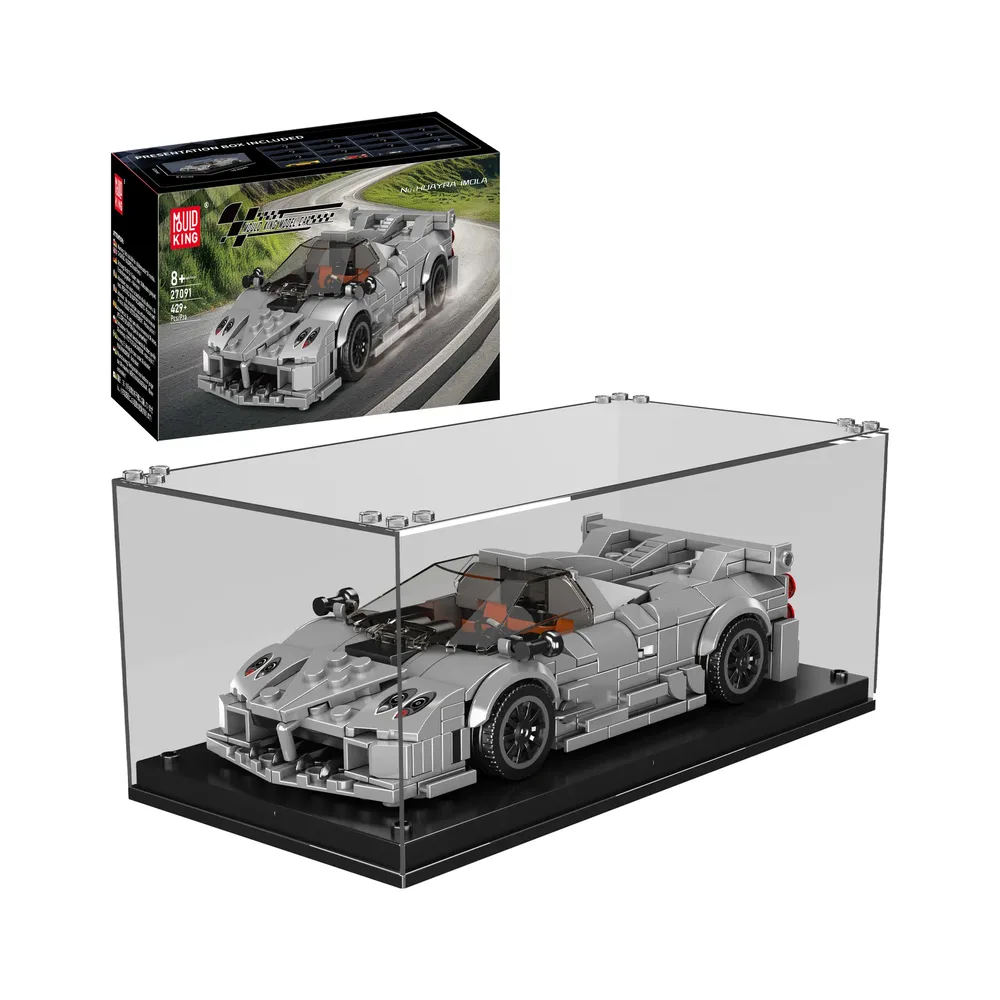 Mould King Huayra Imola Supercar 27091 brick model with its product box and clear acrylic display case, showcasing the completed model in a dynamic setting.