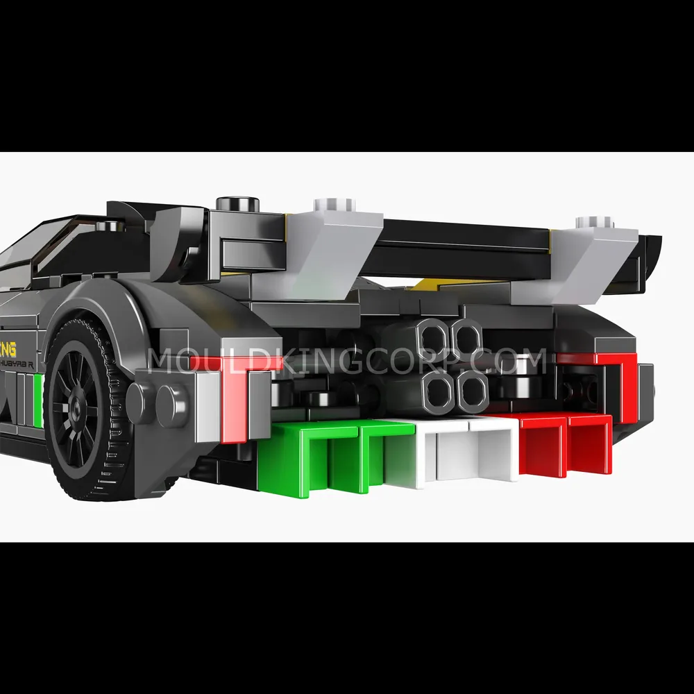 Supercar rear view with spoiler and exhaust.