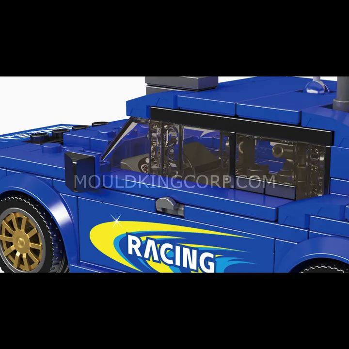 Close-up of the Mould King Impresa WRC 2004 model's side, showing 'RACING' decal and gold wheels.