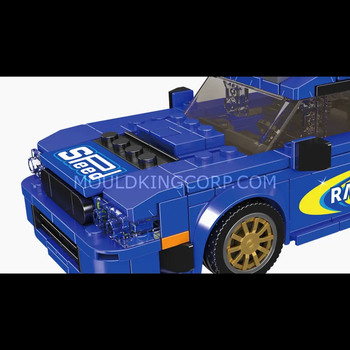 Front-left angle close-up of the Mould King Impresa WRC 2004 model, highlighting the hood, grille, and 'Steed' decal.