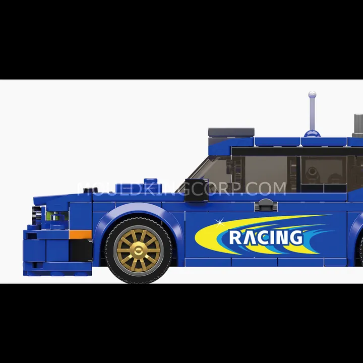 Side profile of the Mould King Impresa WRC 2004 model, showing full body length, decals, and wheels.