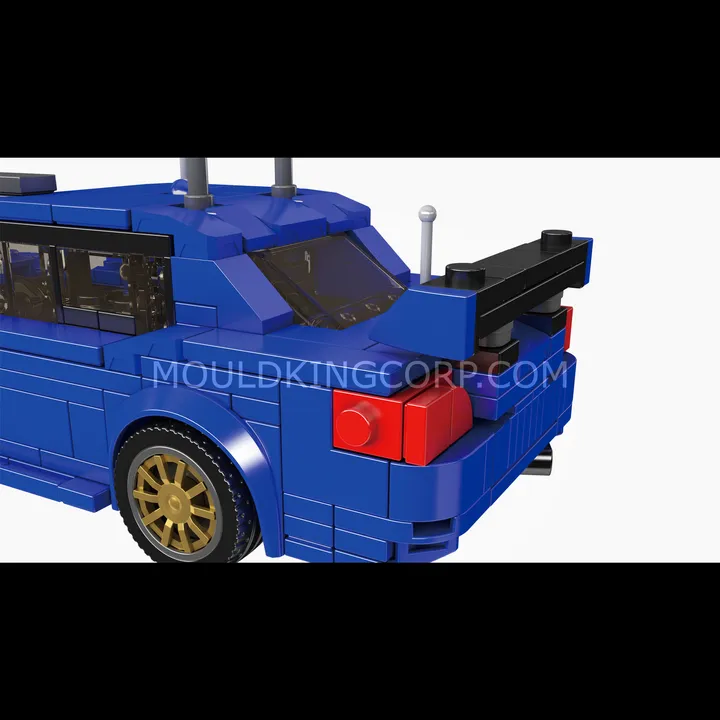 Rear-left angle close-up of the Mould King Impresa WRC 2004 model, showing spoiler, taillights, and exhaust.