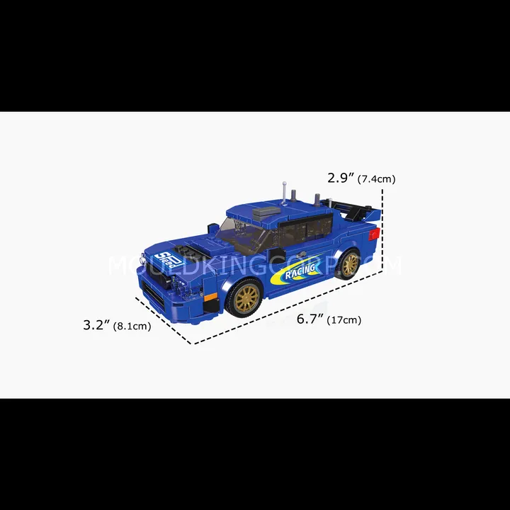 Angled view of the Mould King Impresa WRC 2004 model with its dimensions labeled: 6.7" (17cm) length, 3.2" (8.1cm) width, 2.9" (7.4cm) height.