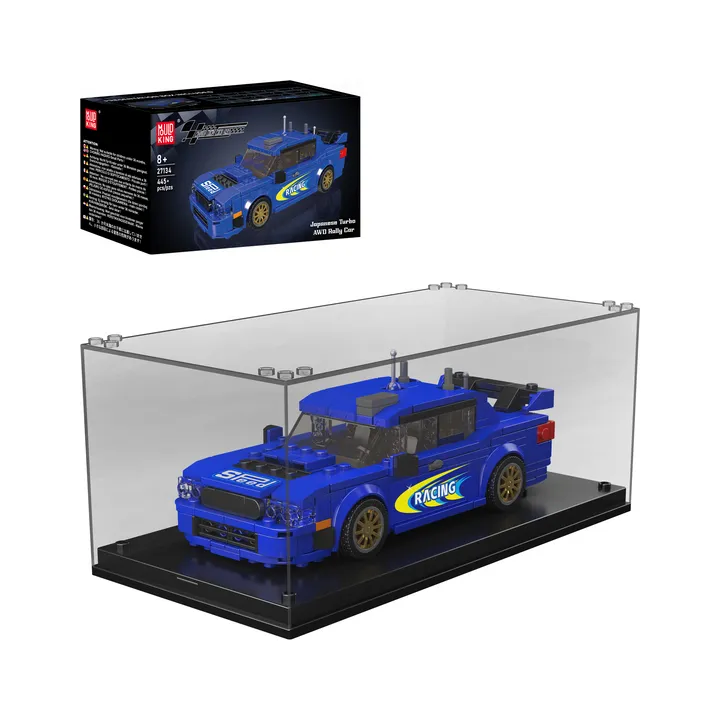Mould King Impresa WRC 2004 27134 brick model in a clear display case with its packaging box.