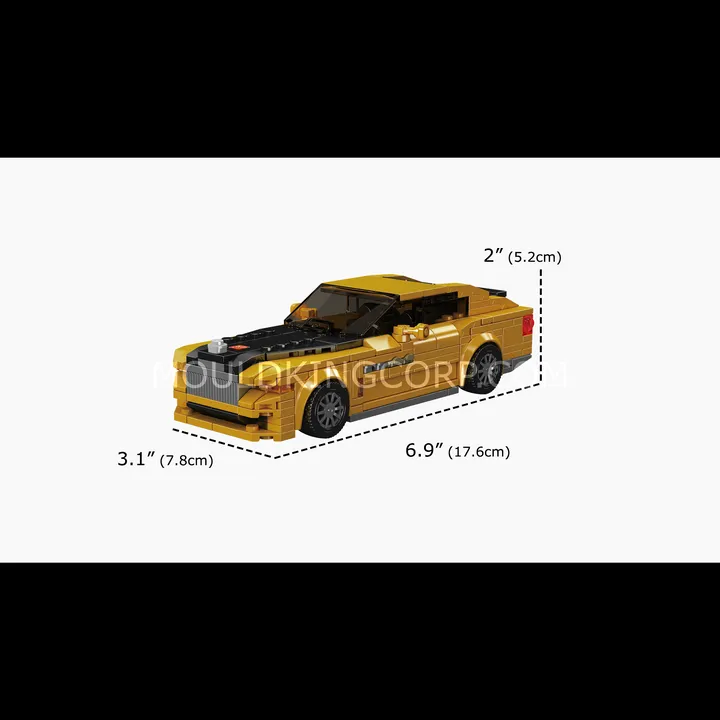 Mould King Spectre Electric Luxury Coupe 27136 with dimensions labeled: 6.9" (17.6cm) long, 3.1" (7.8cm) wide, and 2" (5.2cm) high.
