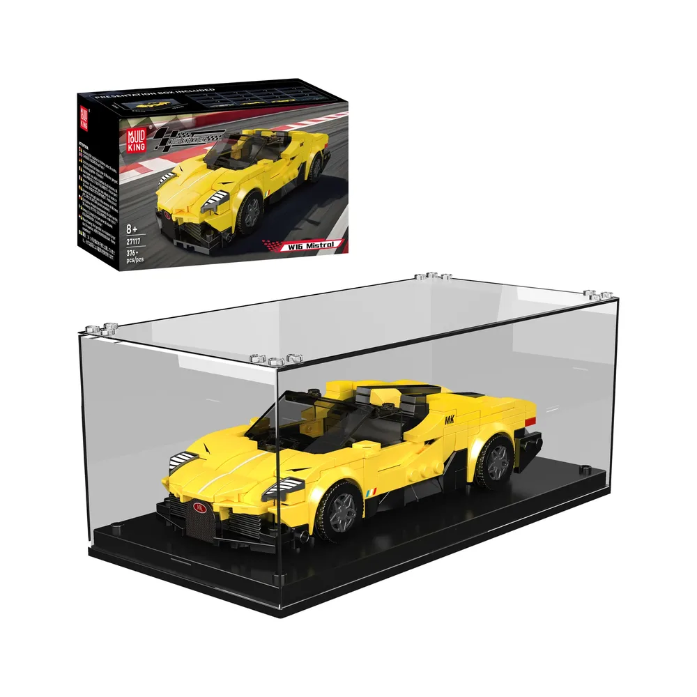 Mould King W16 Mistral Supercar 27117 model in a display case with its product box.