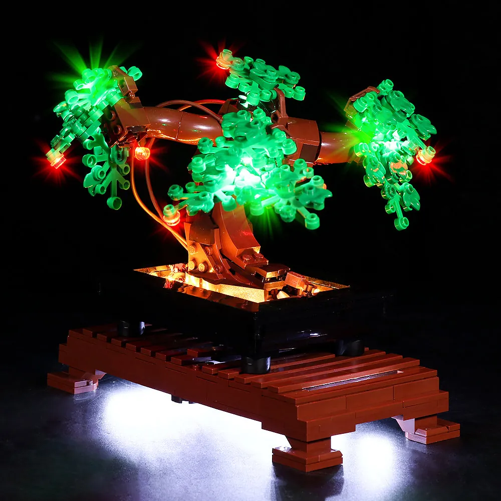 BrickBling green variant LEDs illuminating LEGO Bonsai leaves