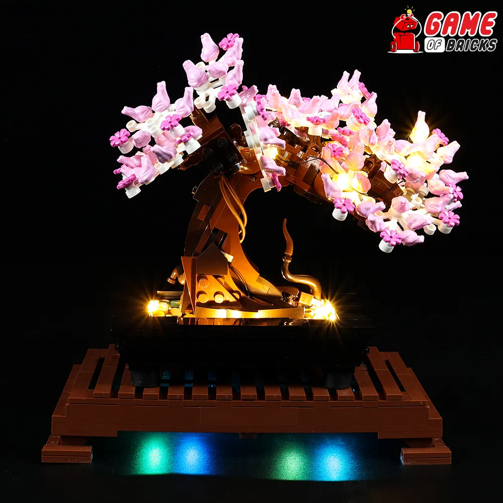 Standard variant of Game of Bricks kit lighting the cherry blossom bonsai