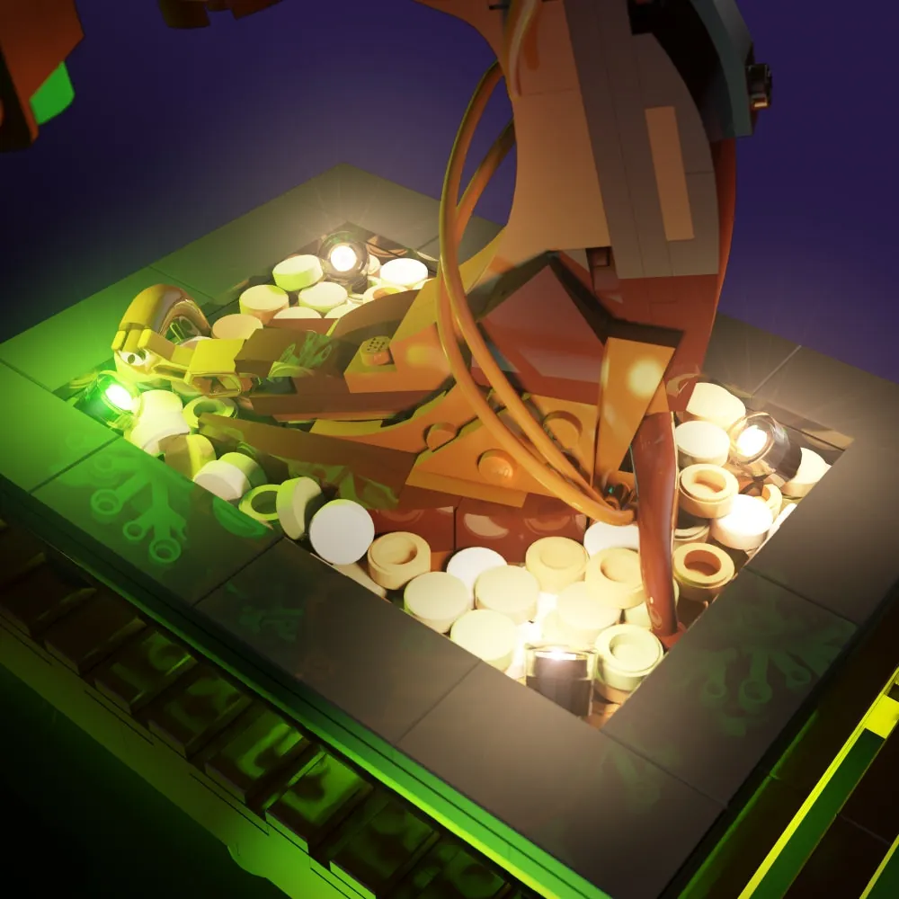 Light My Bricks lighting on green bonsai leaves