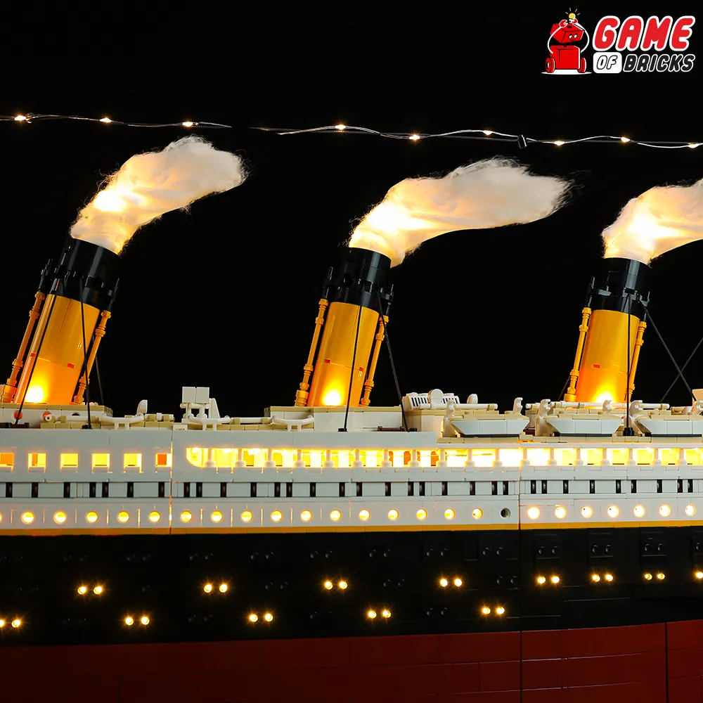 Close-up of Game of Bricks remote control LED lighting on LEGO Titanic