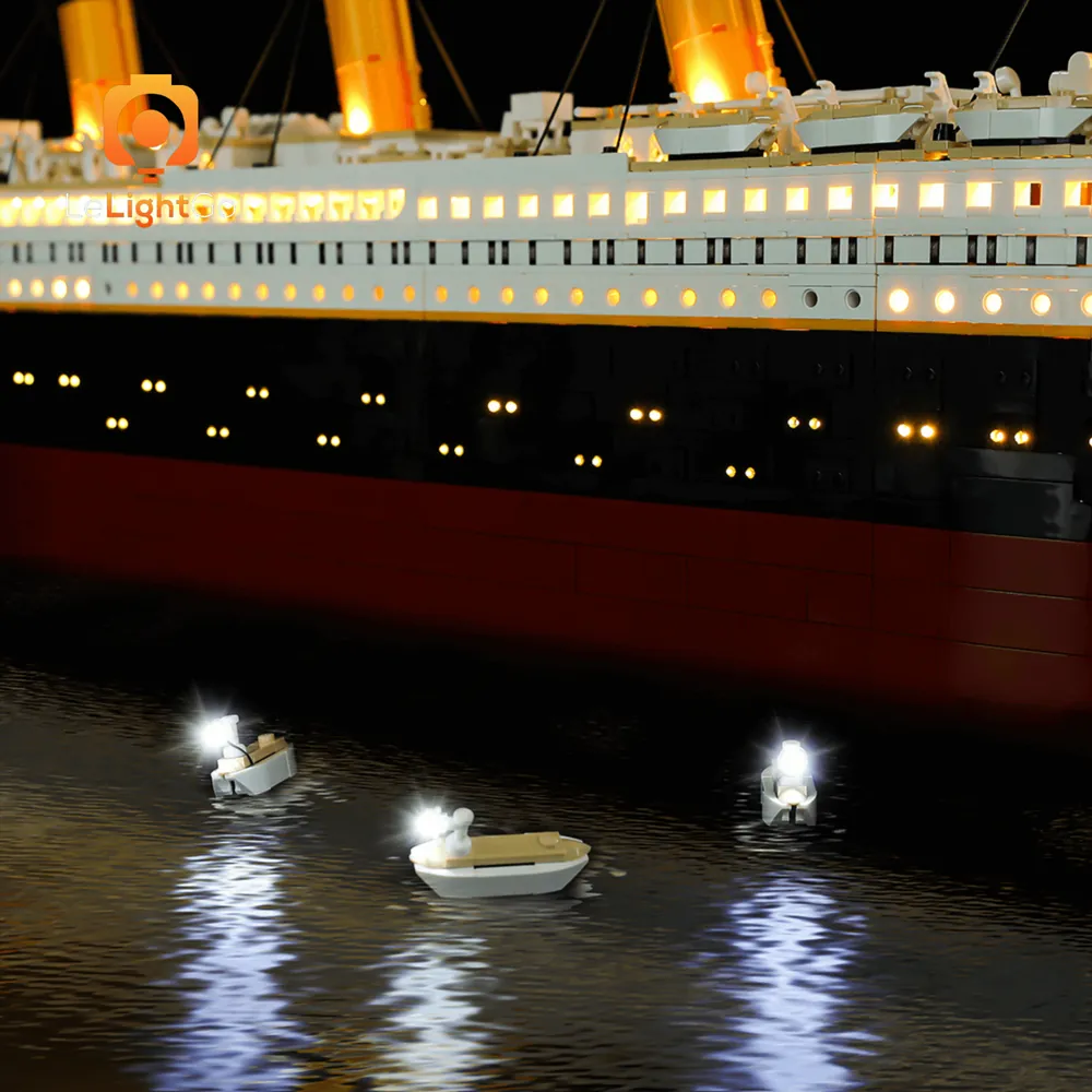 LeLightGo remote and sound LED kit glowing on LEGO Titanic decks