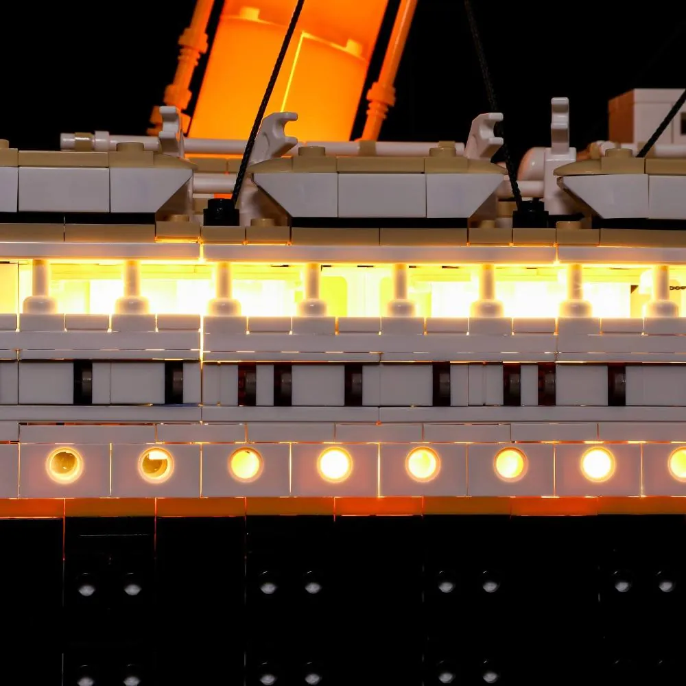 LEGO Titanic portholes glowing with Lightailing pre-soldered LEDs
