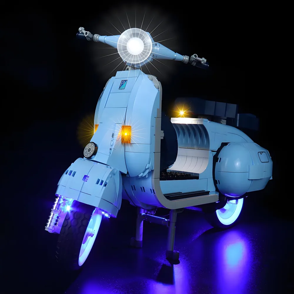 BrickBling light kit for LEGO Vespa 125 with modular micro-LEDs and bright light blue accents