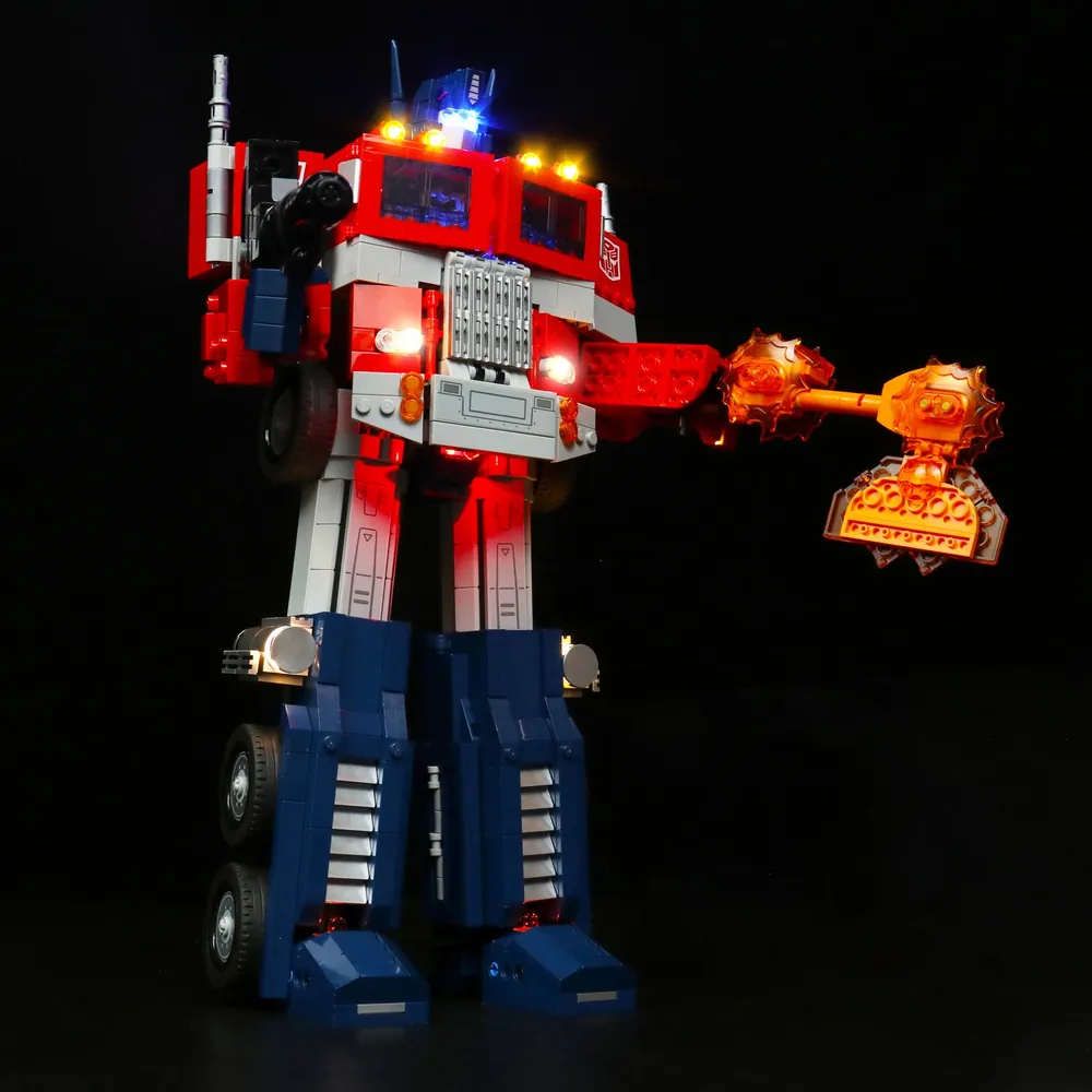 Close-up of BrickBling modular micro-LED wiring on Optimus Prime's leg panels