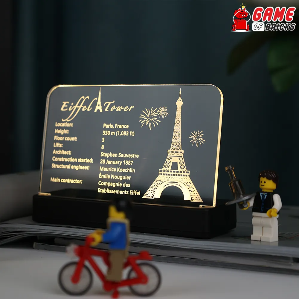 LEGO Eiffel Tower 10307 nameplate lit by Game of Bricks expansion board LEDs