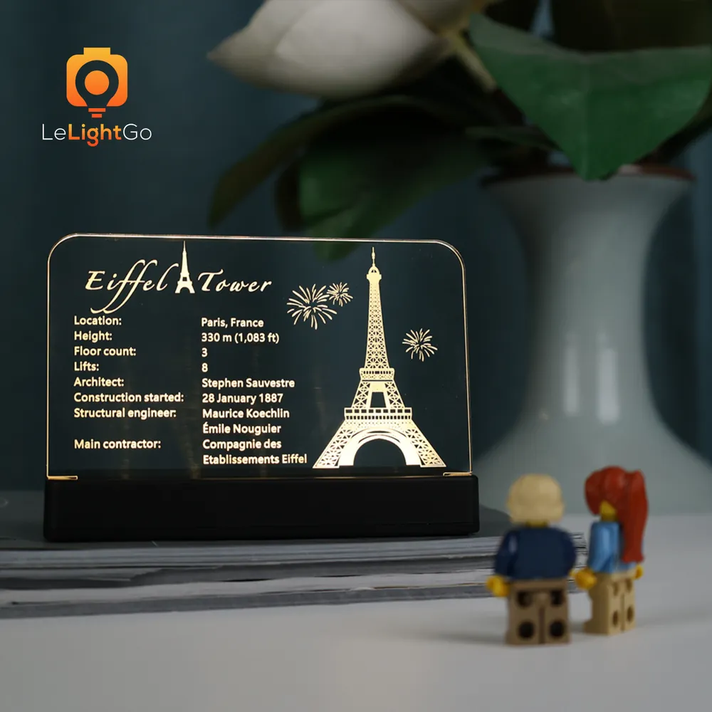 LEGO Eiffel Tower 10307 nameplate glowing with LeLightGo modular LEDs