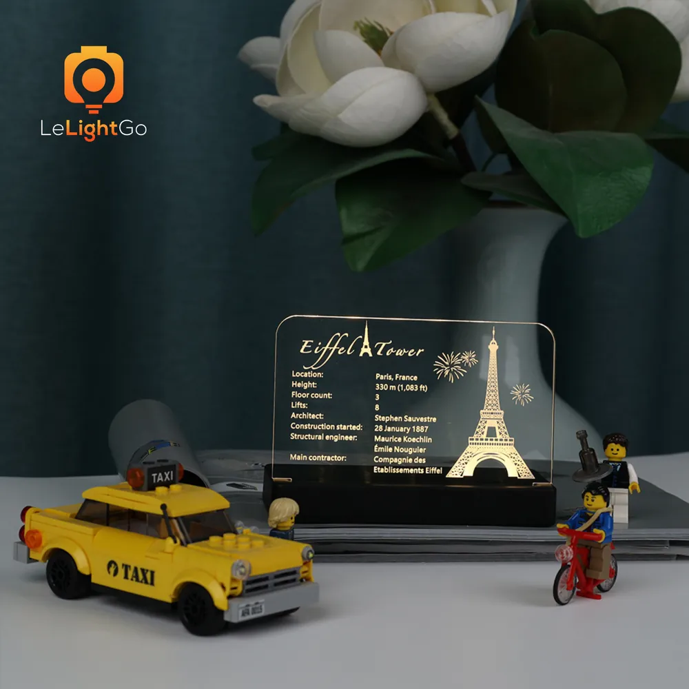 Close-up of LeLightGo micro-LEDs attached to Eiffel Tower 10307 nameplate