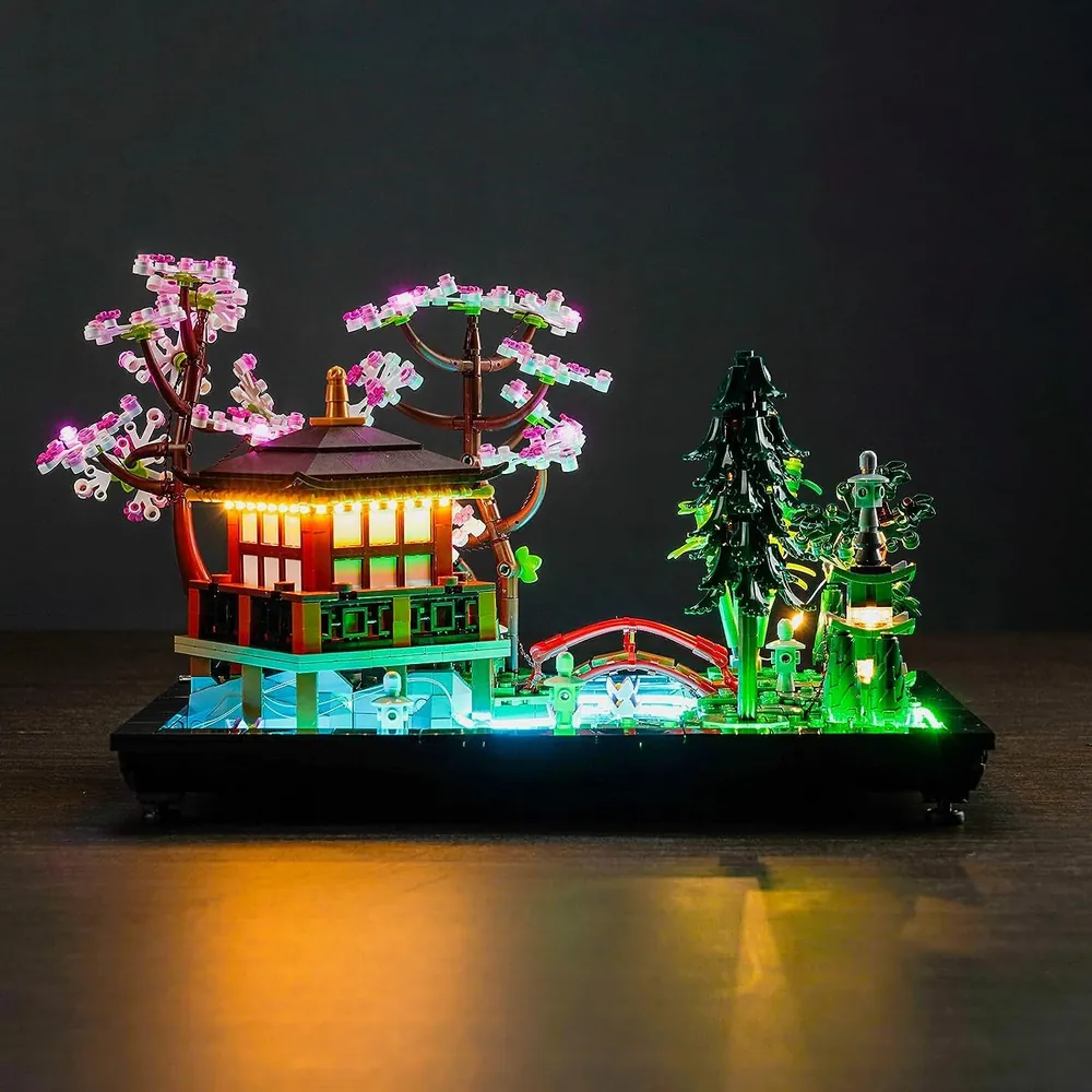 BrickBling LED kit on LEGO Tranquil Garden with remote control