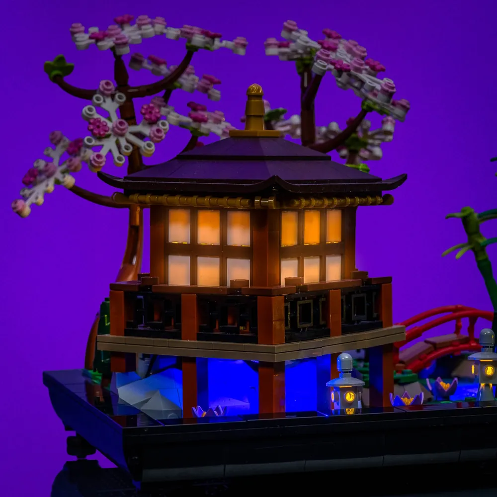 LightMyBricks LED kit highlighting LEGO Tranquil Garden lanterns