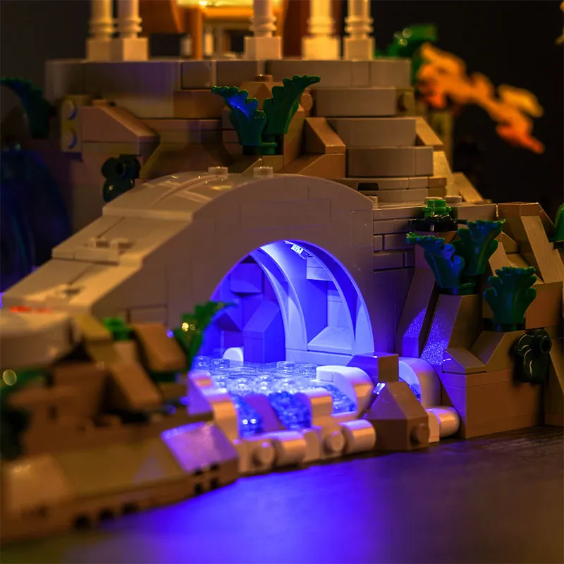 Warm color lighting effect on LEGO Rivendell display