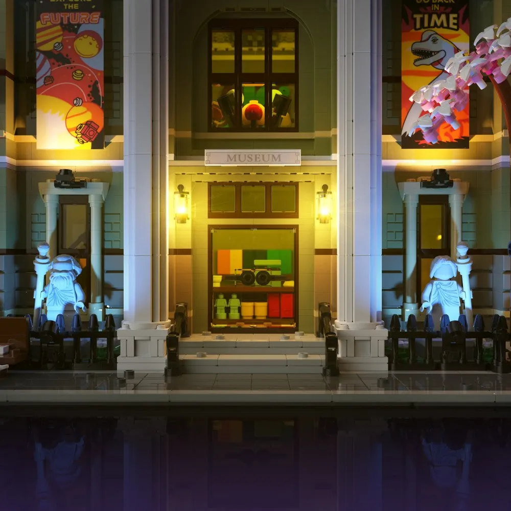 LightMyBricks LED kit illuminating the interior of LEGO Natural History Museum 10326, high-end finish