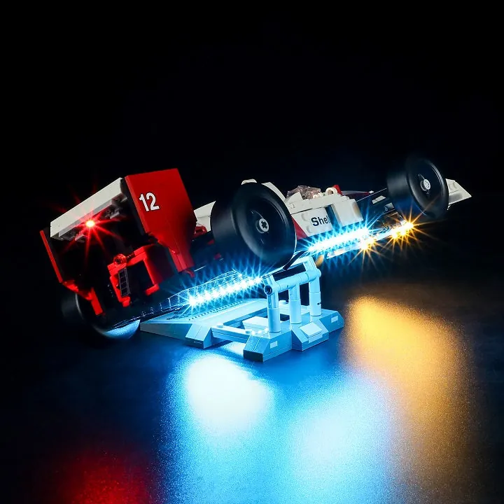 LEGO McLaren MP4/4 and Senna minifigure lit by Lightailing kit on a shelf