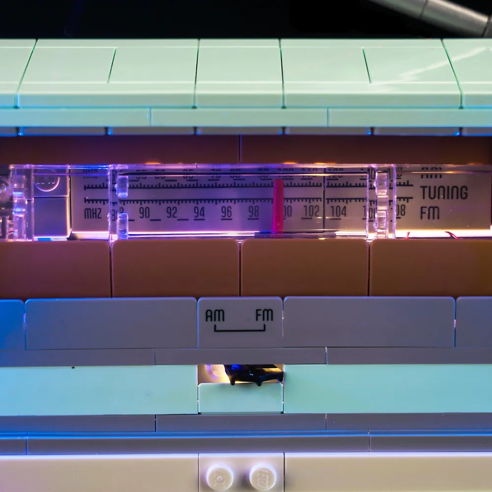 Close-up of BrickBling micro-LEDs on LEGO Radio speaker grille
