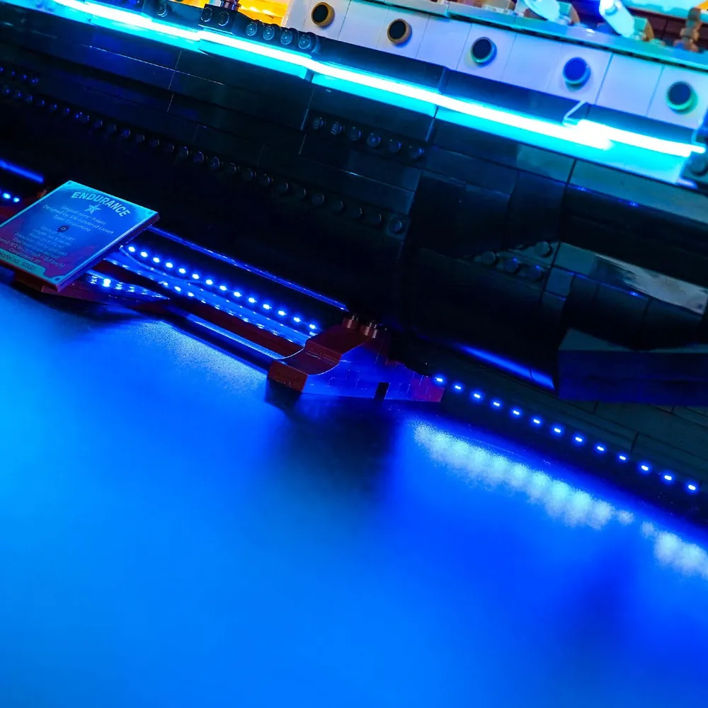 Close-up of BrickBling micro-LEDs illuminating LEGO Endurance deck