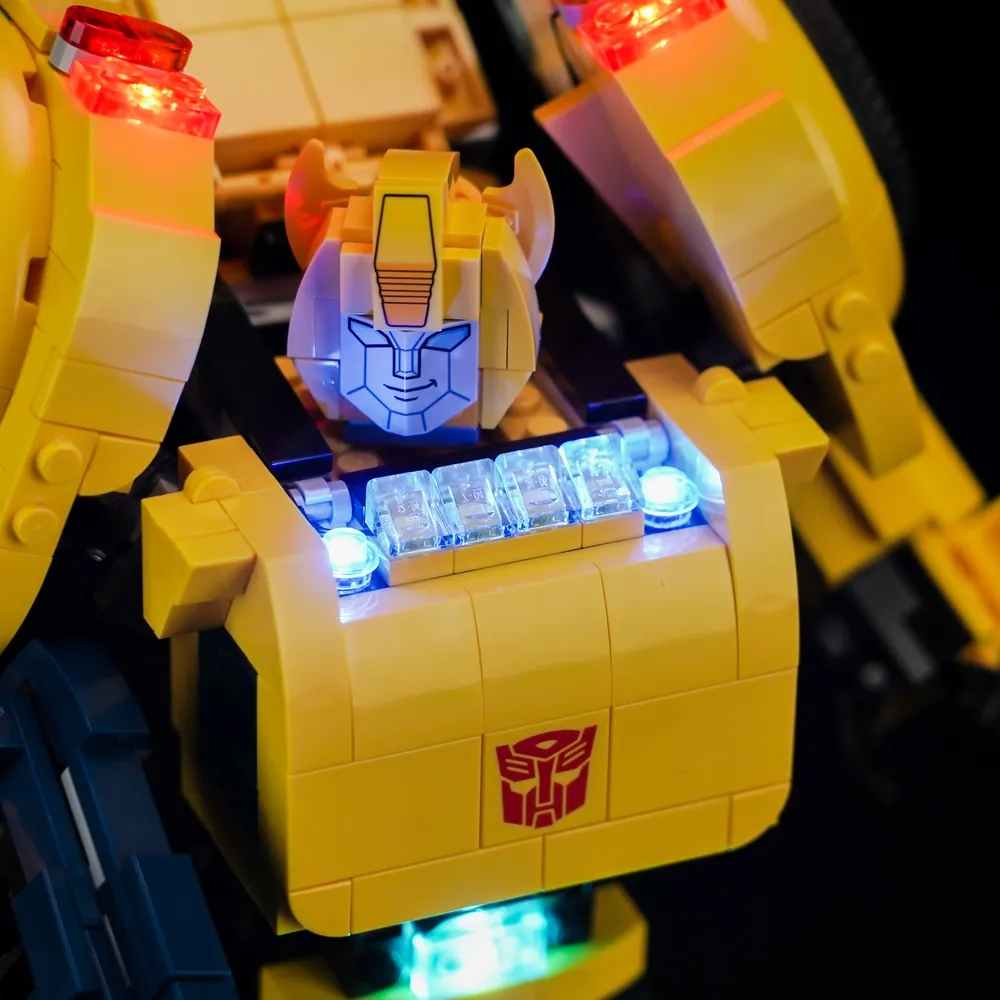 Close-up of BrickBling LED wires on LEGO Bumblebee