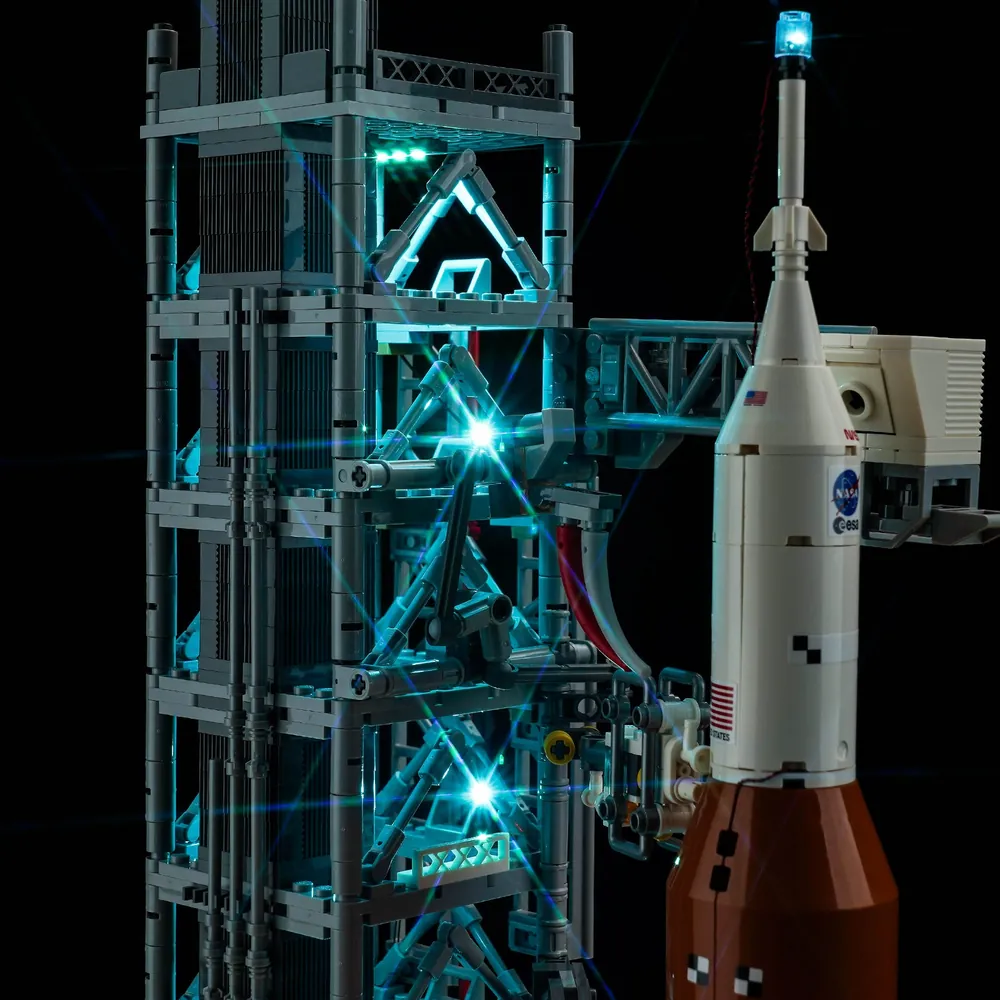 Close-up of BrickBling micro-LEDs on LEGO Artemis SLS boosters