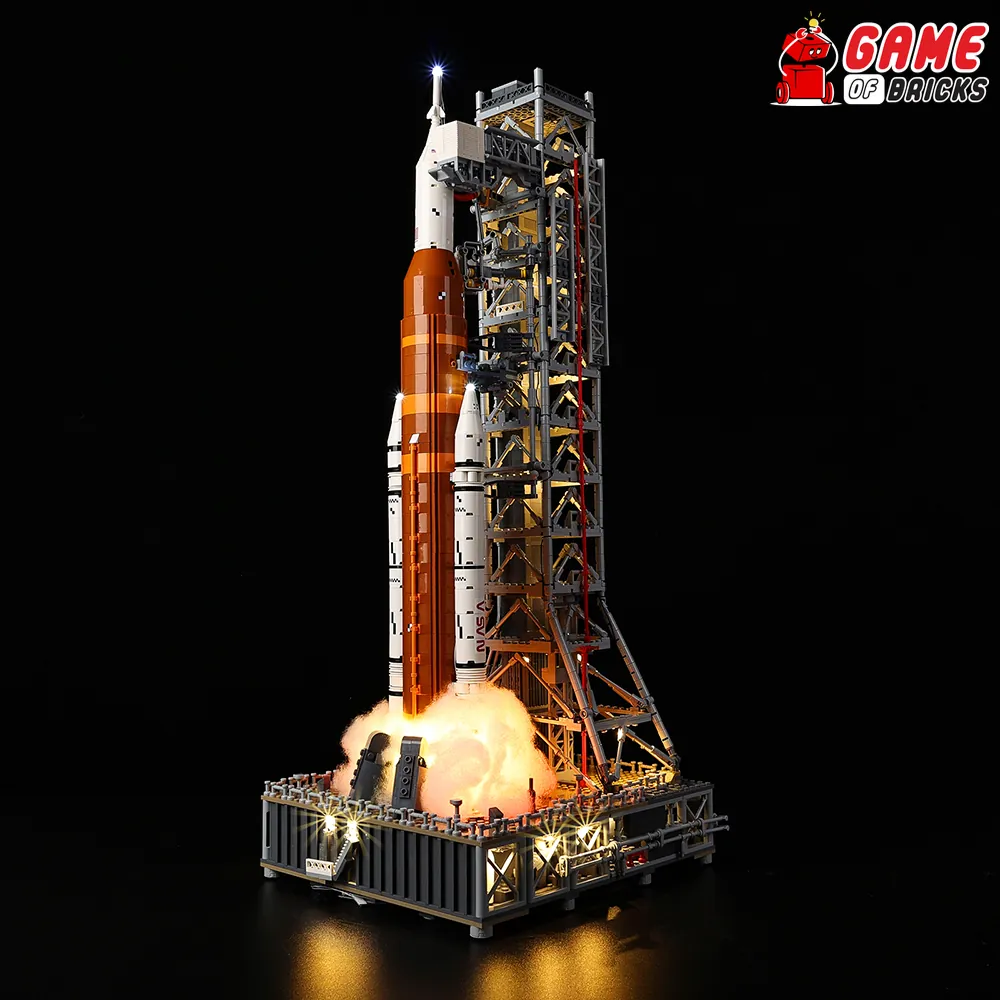 Game of Bricks remote control lighting on LEGO Artemis SLS launch tower