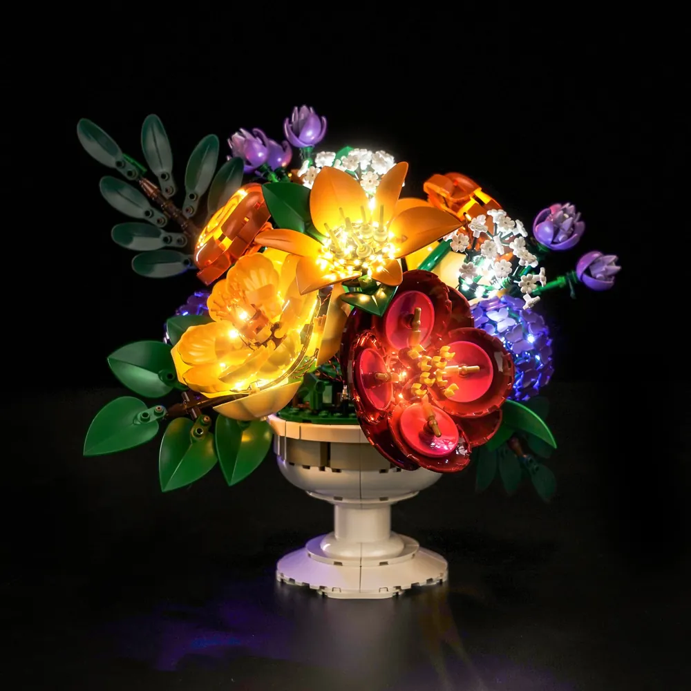 BrickBling LED kit for LEGO Flower Arrangement 10345 showing modular micro-LEDs on blooms