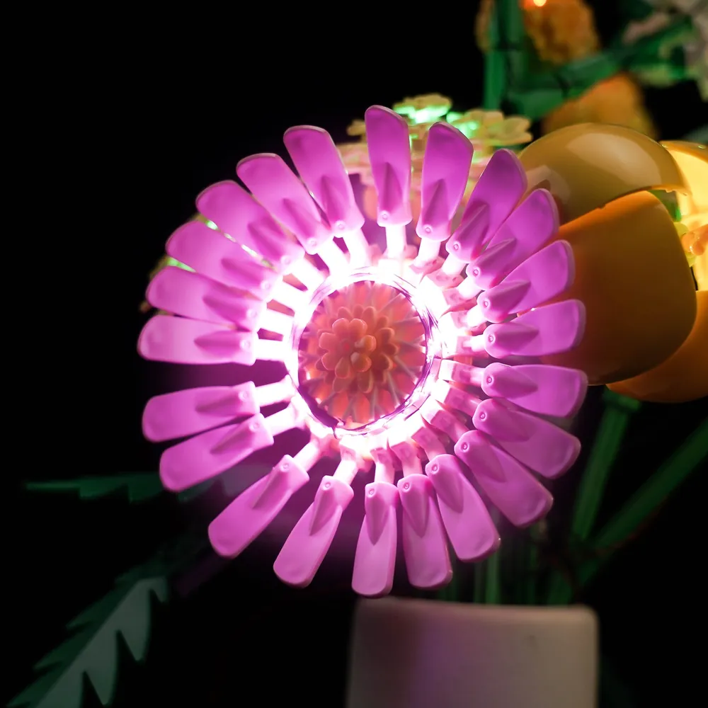 Close-up of BrickBling micro-LEDs on LEGO flower petals