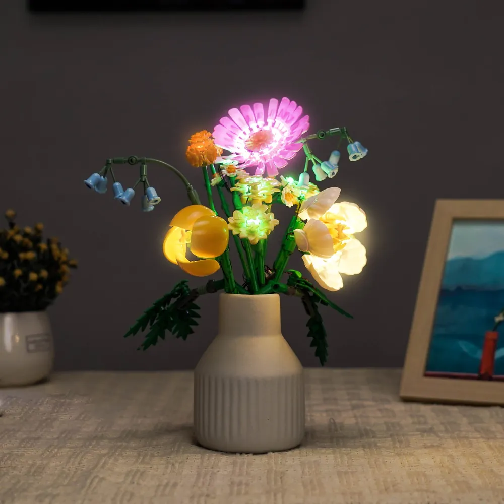 BrickBling lit LEGO bouquet on display shelf