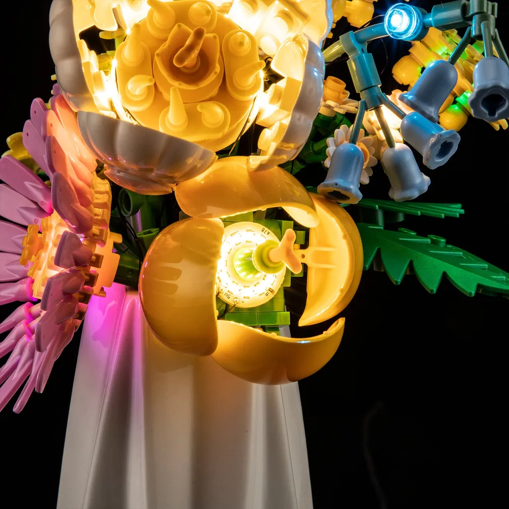 Lightailing lit LEGO bouquet on table