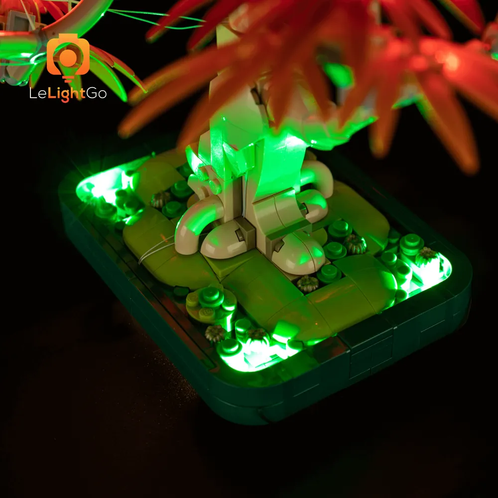 LEGO maple bonsai with vibrant LED canopy on display