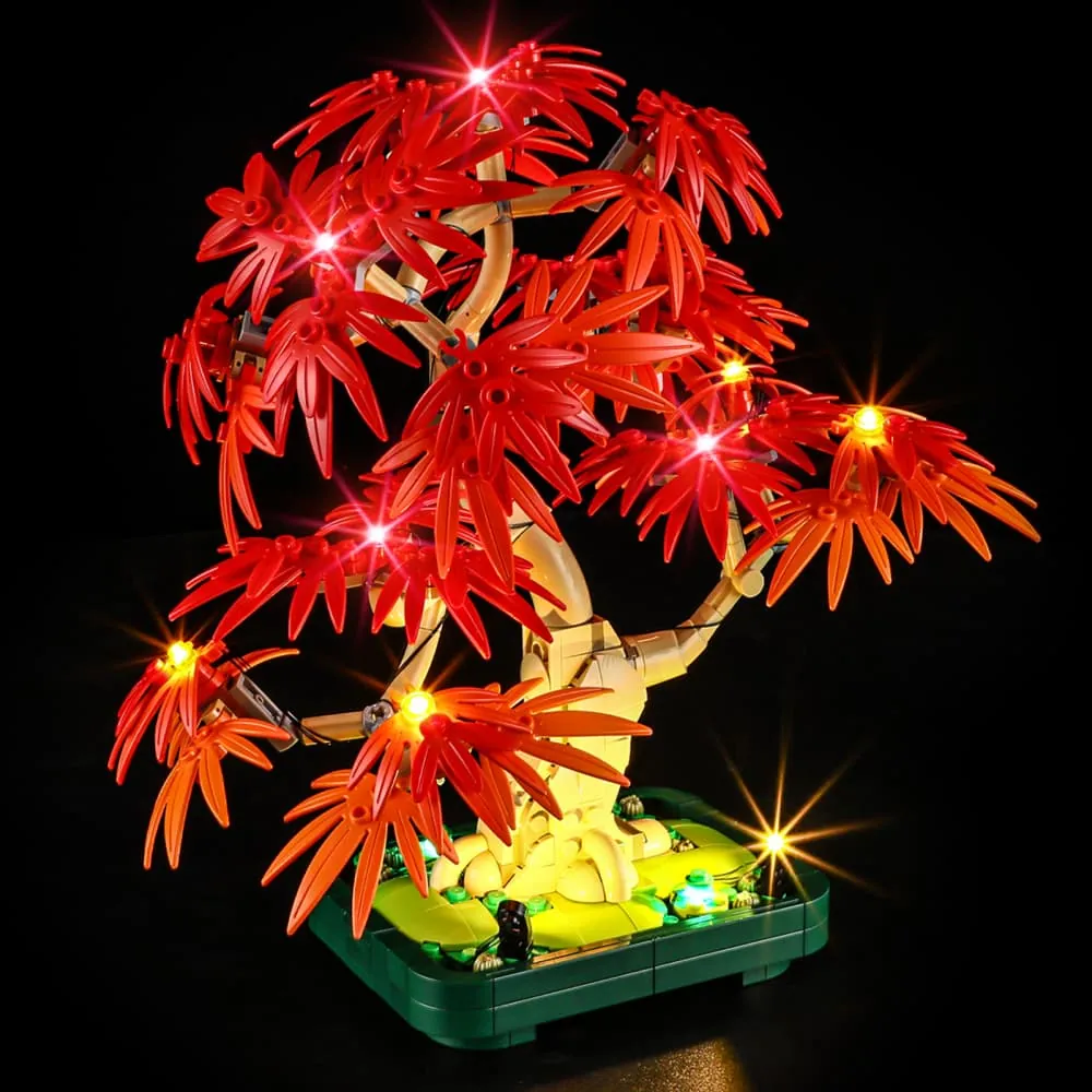 LEGO Japanese Red Maple Bonsai Tree 10348 with warm LED lights on canopy and trunk