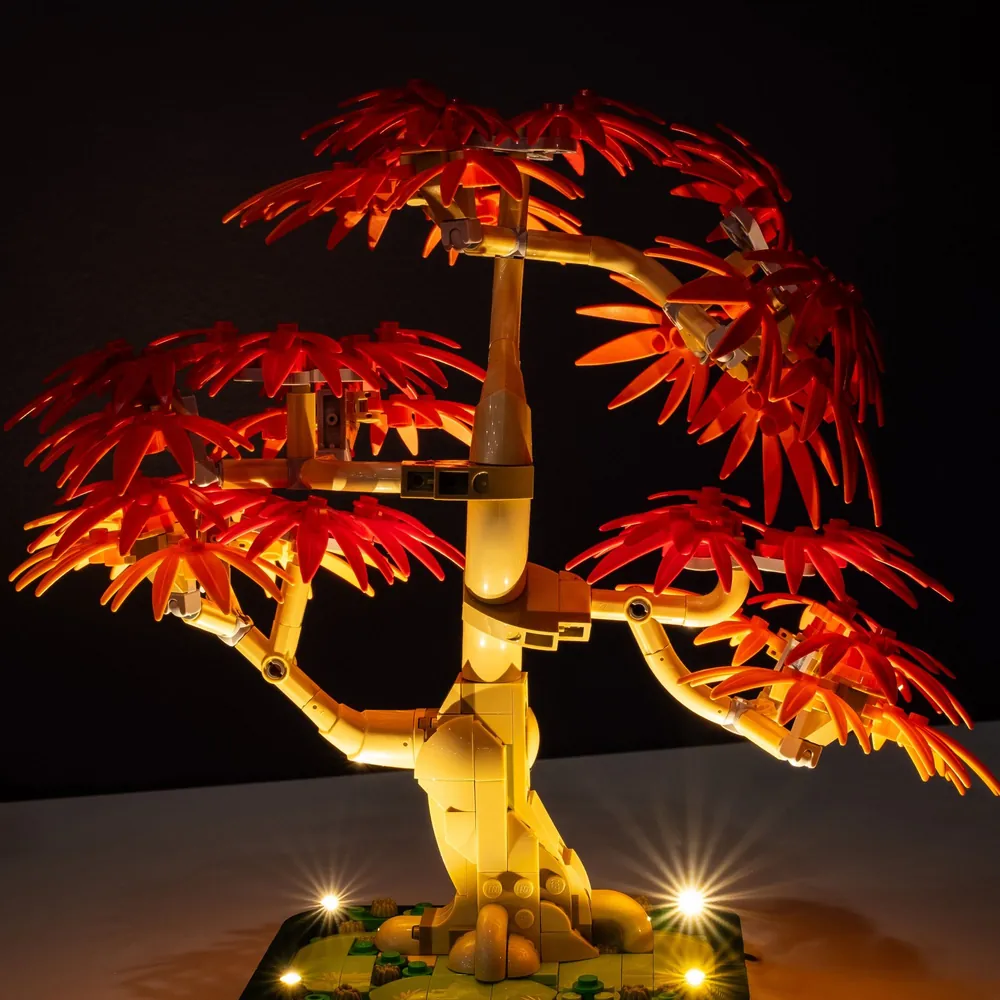 LEGO maple bonsai tree with artistic LED lighting arrangement