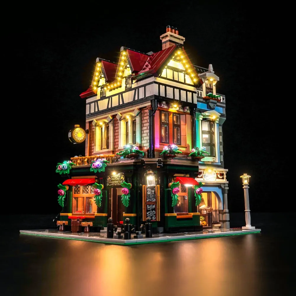 BrickBling LED kit for LEGO Tudor Corner 10350 highlighting the modular micro-LEDs and clean wiring