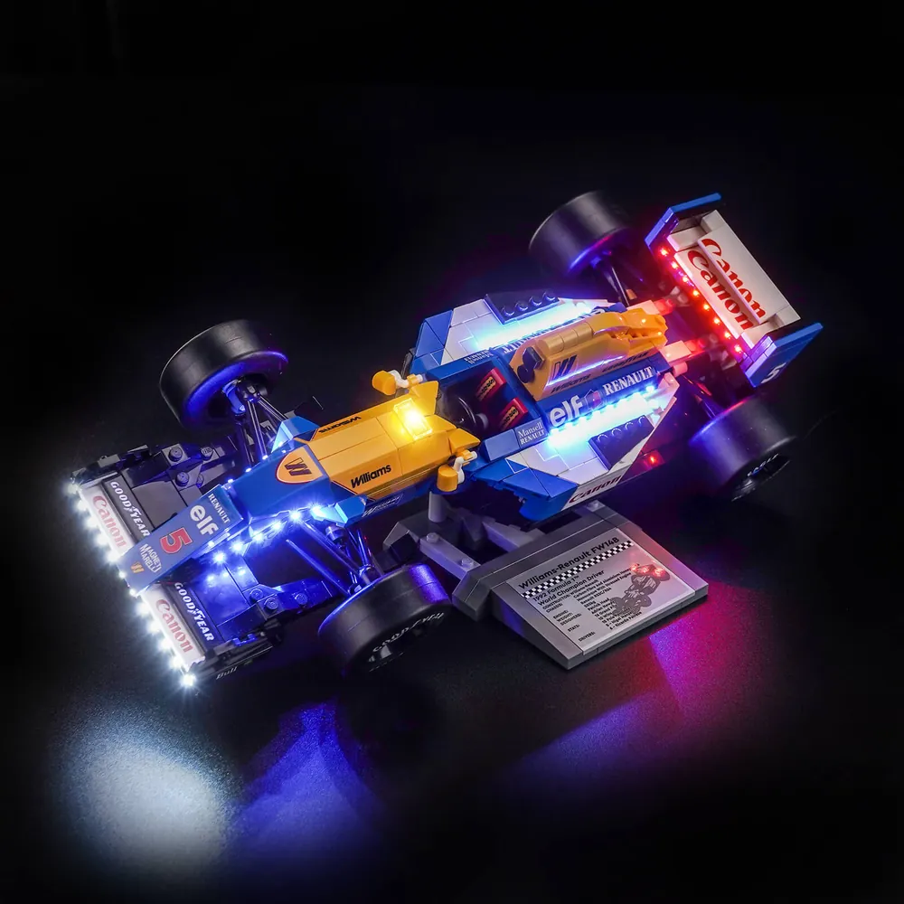 LEGO Williams FW14B with BrickBling lighting kit showing the car's sleek black and white race livery