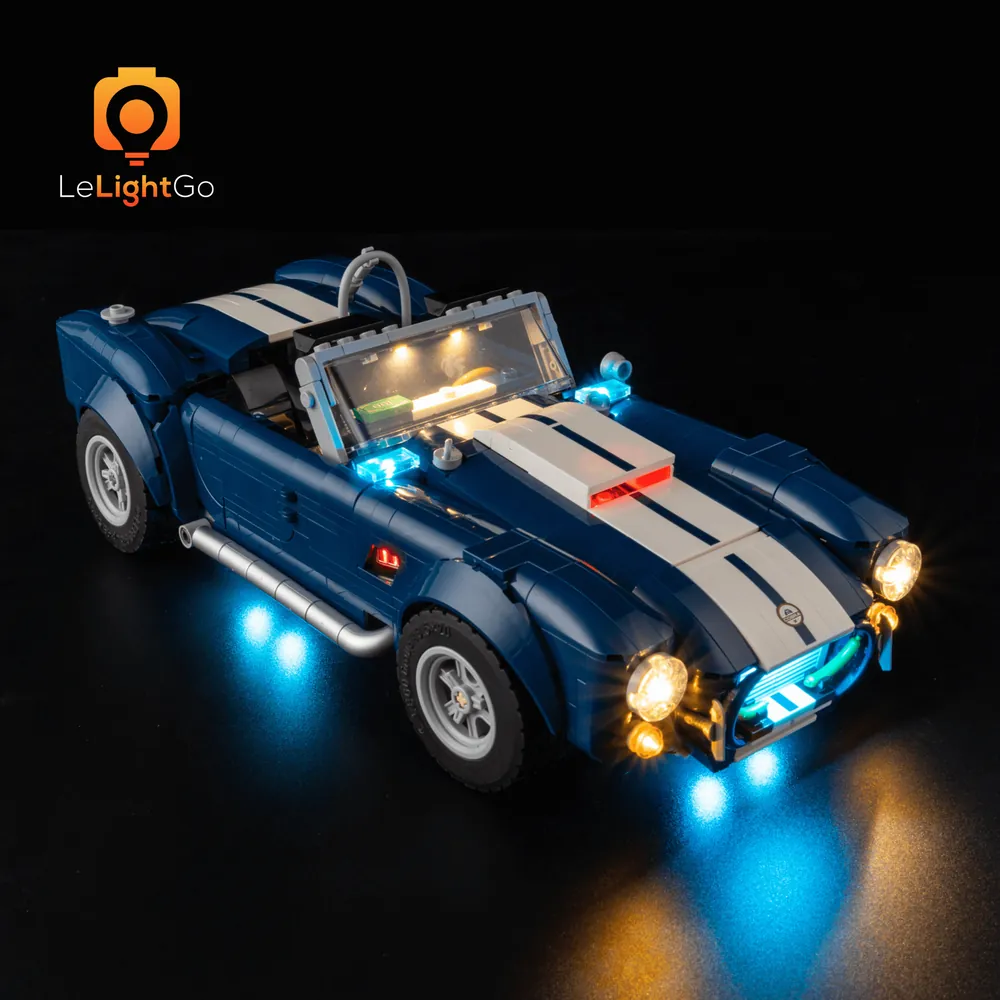 LeLightGo LED light kit for LEGO Shelby Cobra 427 S/C 10357, illuminating the iconic front