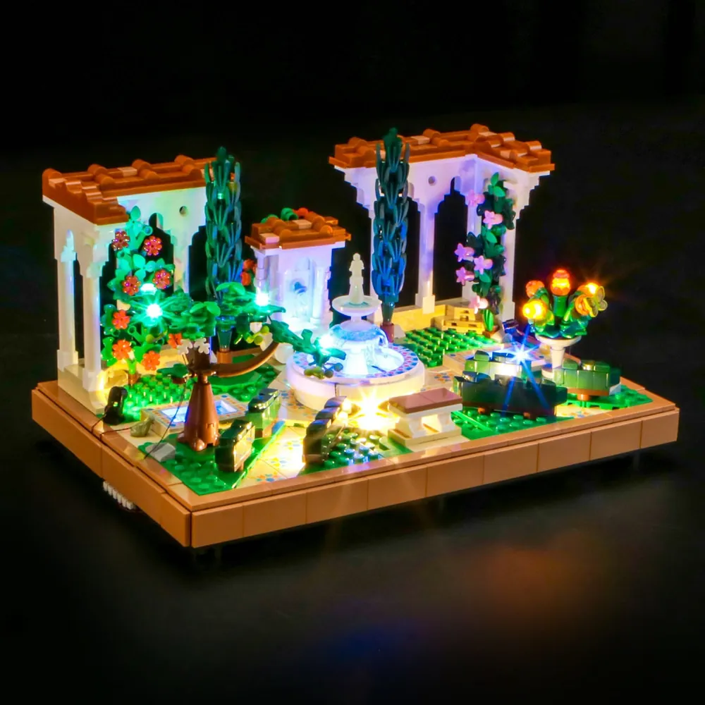 BrickBling LED kit for LEGO Fountain Garden 10359 with micro-LEDs lighting the fountain and trees