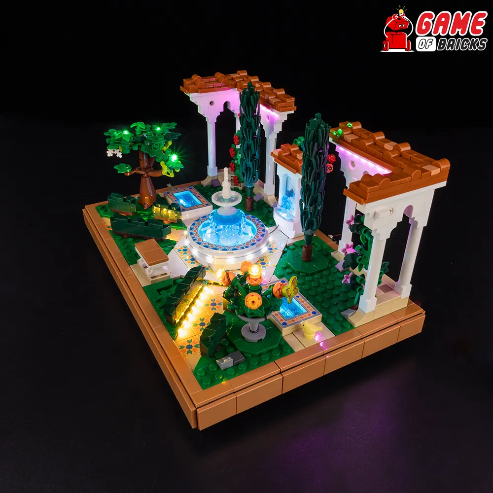 Game of Bricks lights illuminating the fountain and paths of LEGO 10359