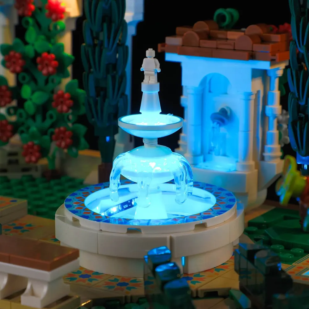 Lightailing lights on LEGO Fountain Garden 10359 showing fountain and path illumination