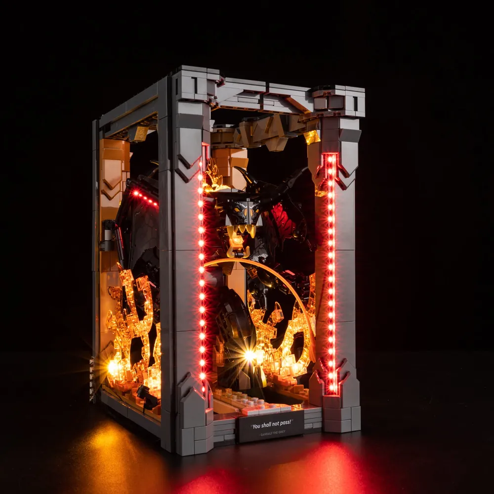 Game of Bricks LEDs illuminating LEGO Balrog Book Nook