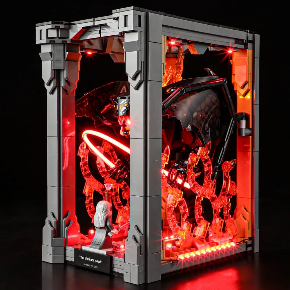 Lightailing LEDs lighting up LEGO Balrog Book Nook
