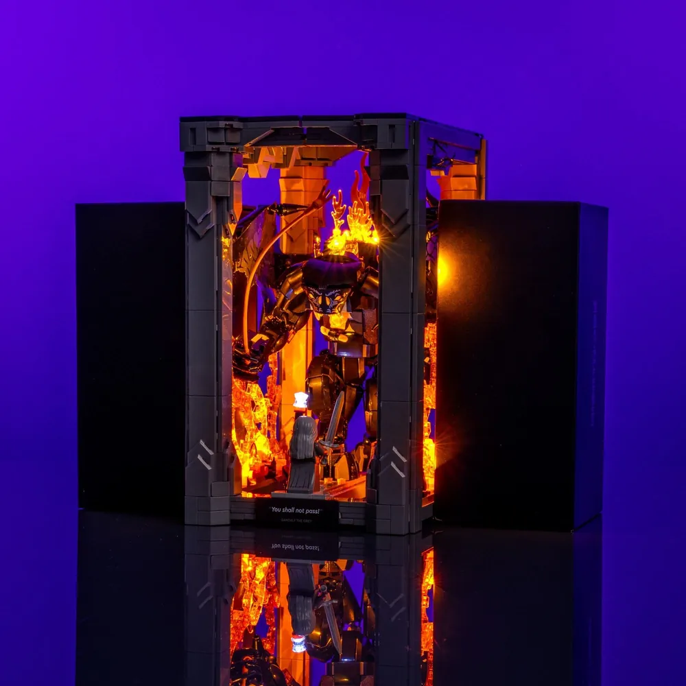 LightMyBricks LEDs enhancing LEGO Balrog Book Nook