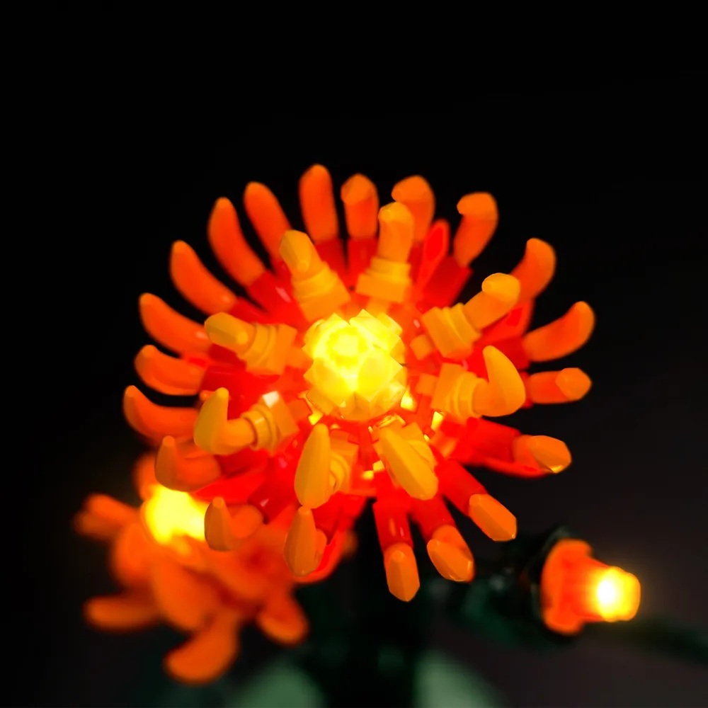 Close-up of BrickBling micro-LEDs on LEGO Chrysanthemum petals