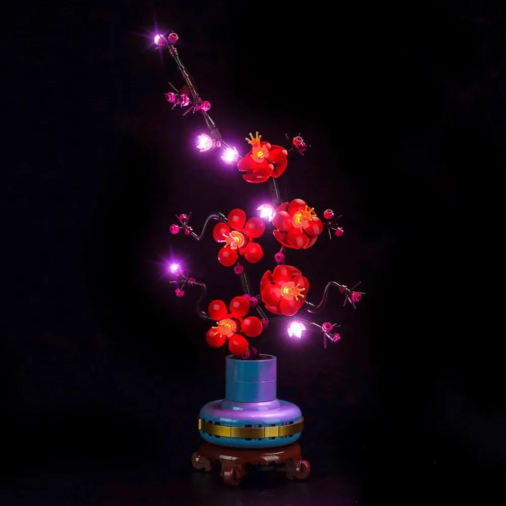 BrickBling light kit installed on LEGO Plum Blossom 10369 highlighting red flowers