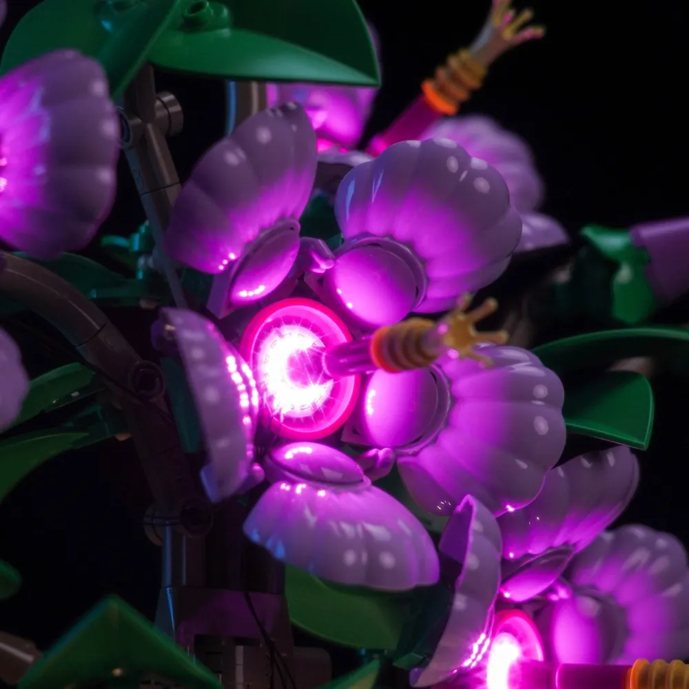 Close-up of modular micro-LED connections on BrickBling Hibiscus kit